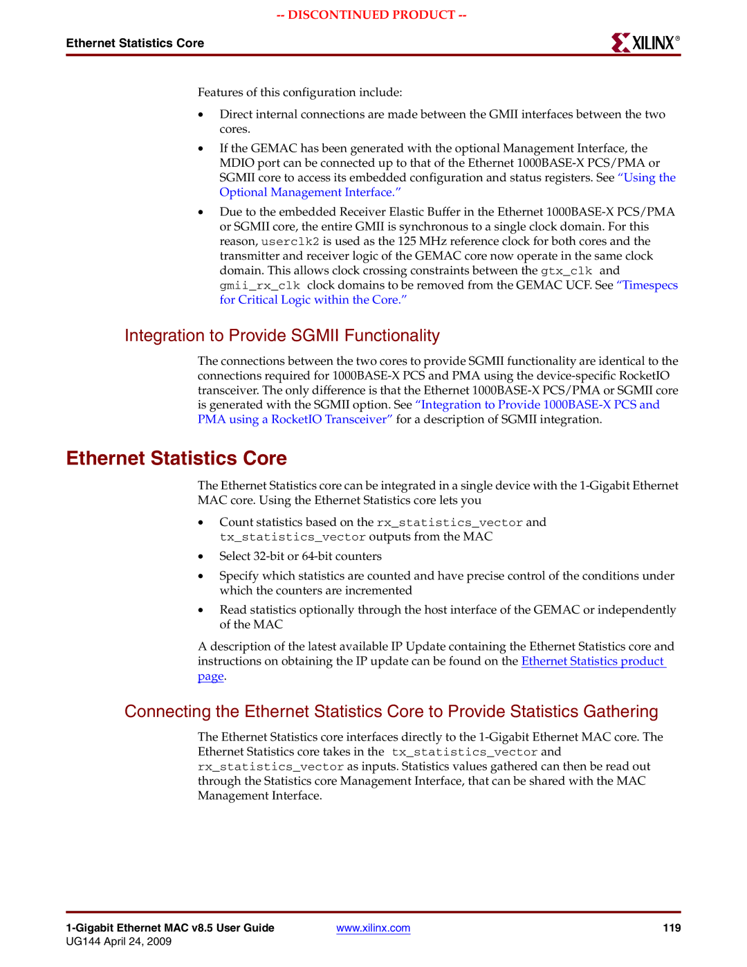 Xilinx UG144 manual Ethernet Statistics Core, Integration to Provide Sgmii Functionality 