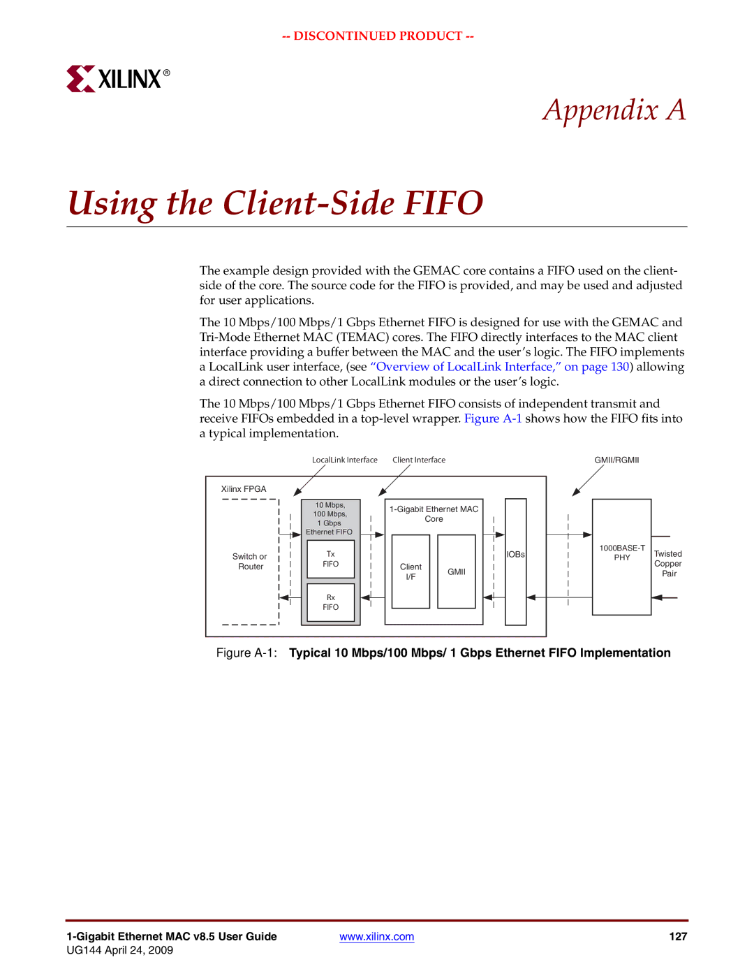 Xilinx UG144 manual Using the Client-Side Fifo, Gmii/Rgmii 