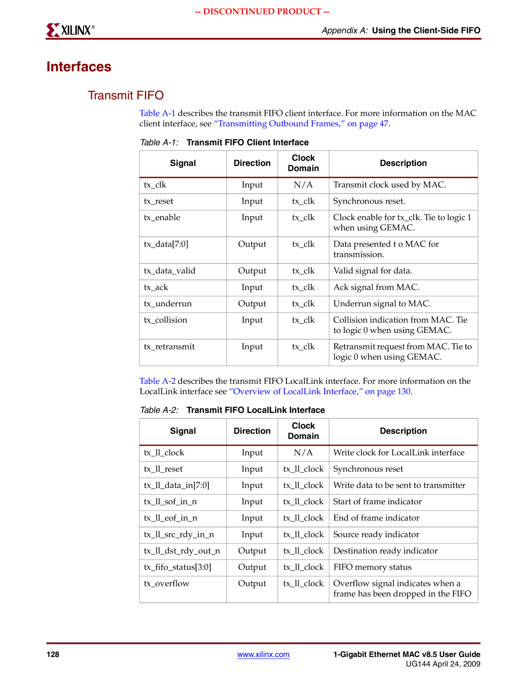 Xilinx UG144 manual Interfaces, Transmit Fifo, Appendix a Using the Client-Side Fifo 