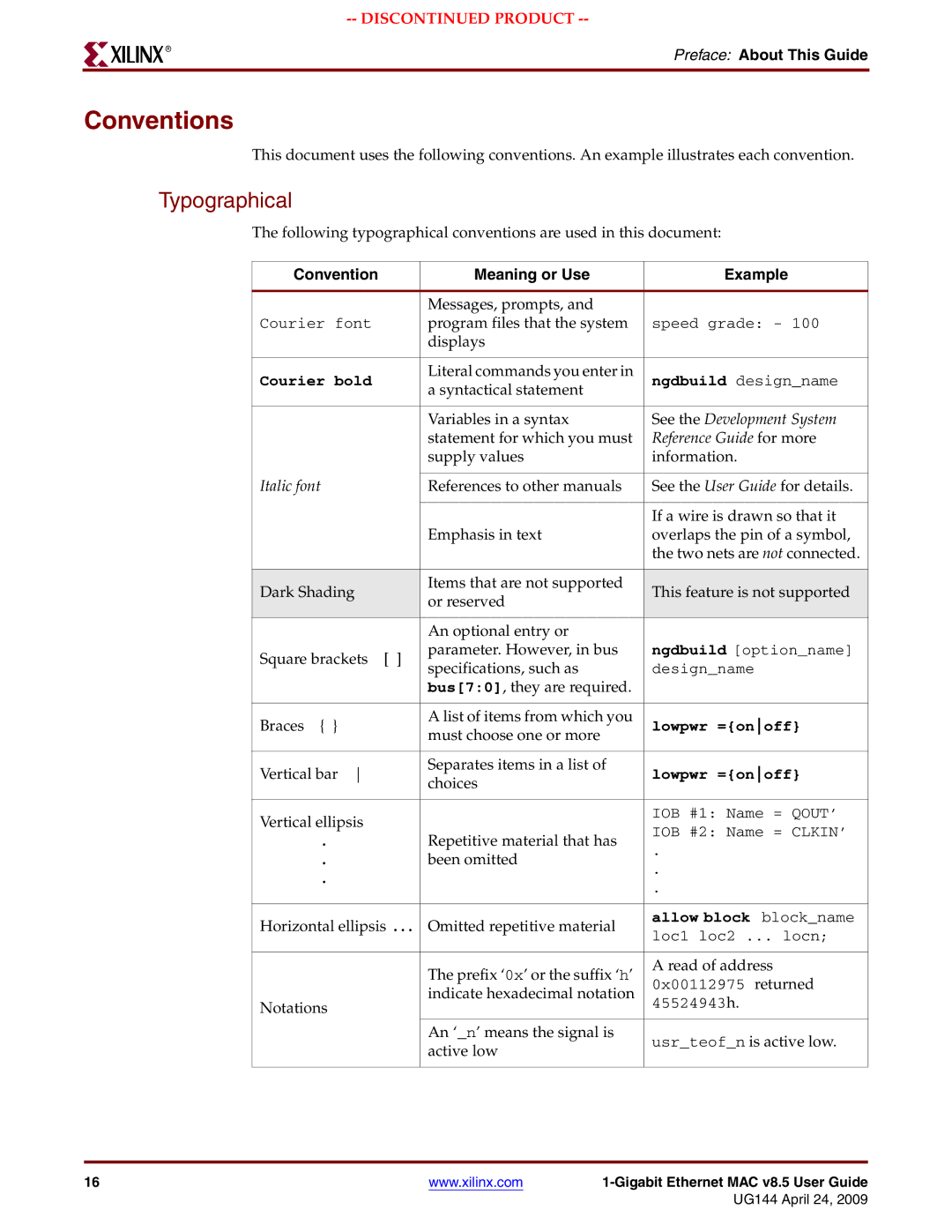 Xilinx UG144 manual Conventions, Typographical, Preface About This Guide, Convention Meaning or Use Example 