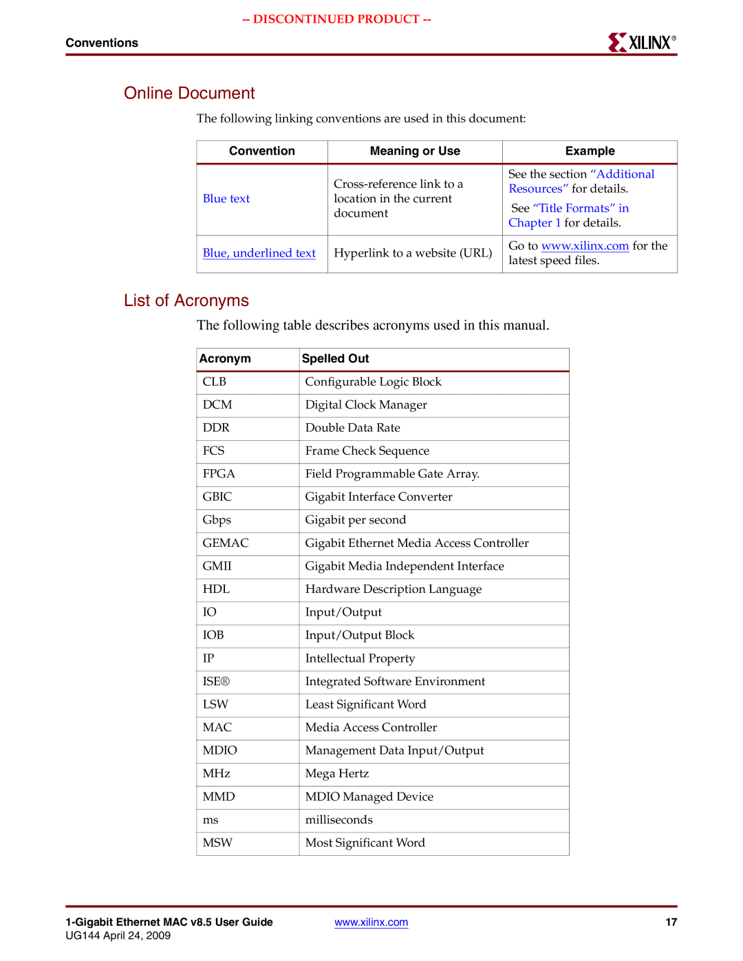 Xilinx UG144 manual Online Document, List of Acronyms, Conventions, Acronym Spelled Out 