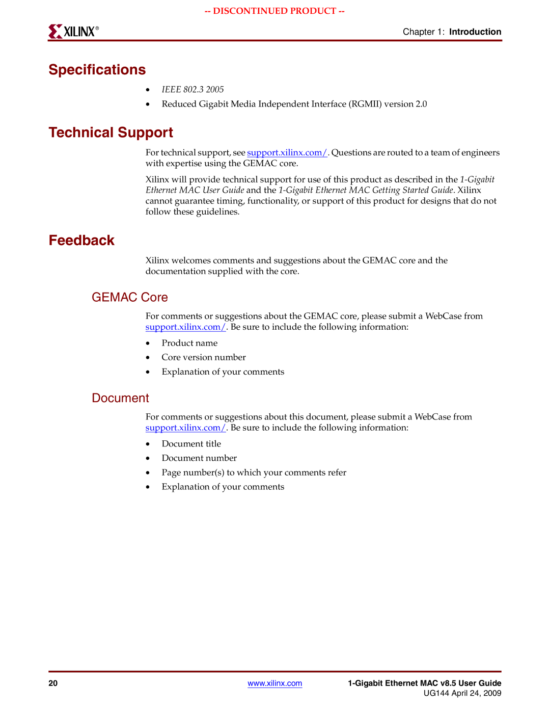 Xilinx UG144 manual Specifications, Technical Support, Feedback, Gemac Core, Document 