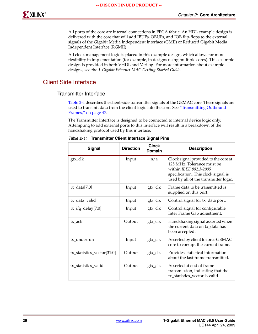 Xilinx UG144 manual Client Side Interface, Transmitter Interface 