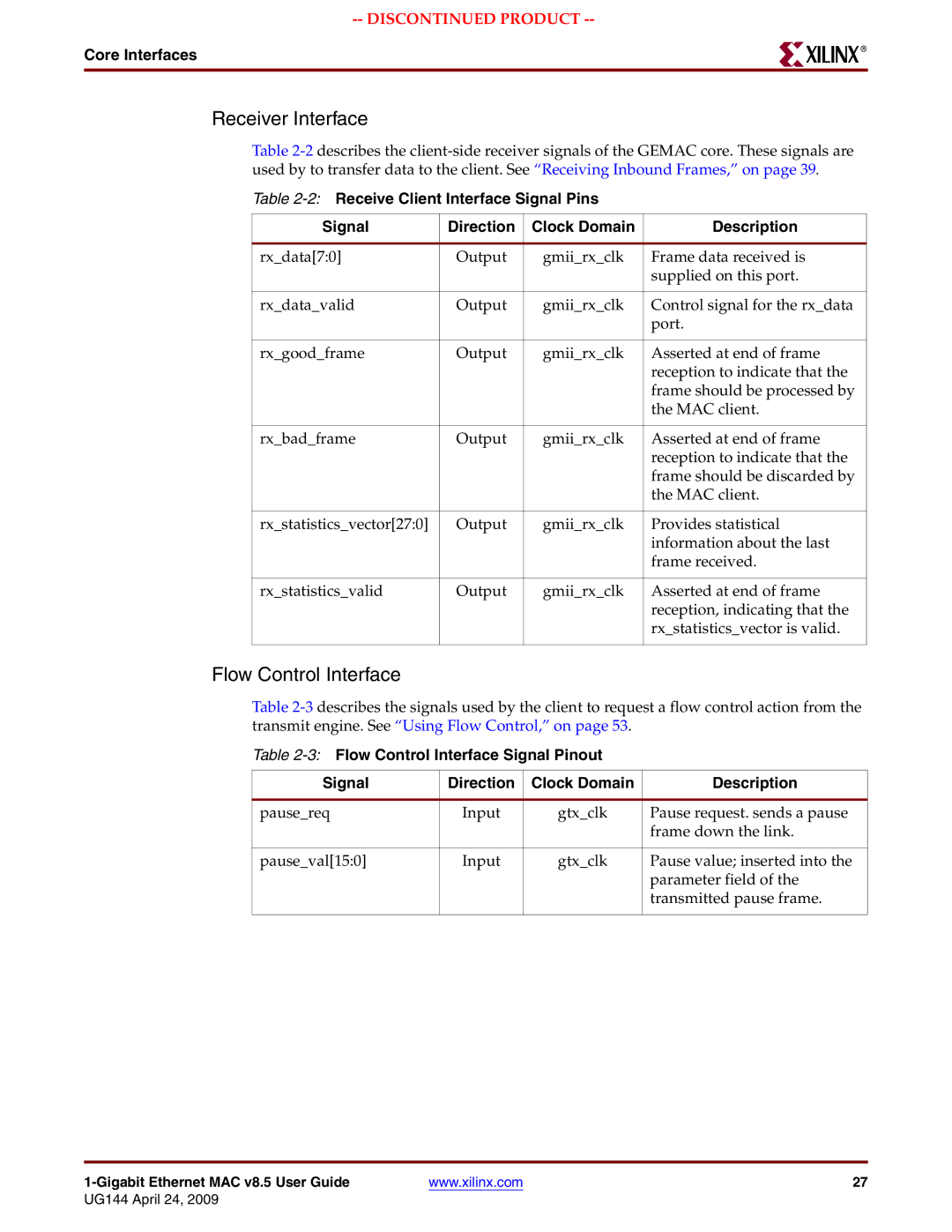 Xilinx UG144 manual Receiver Interface, Flow Control Interface 