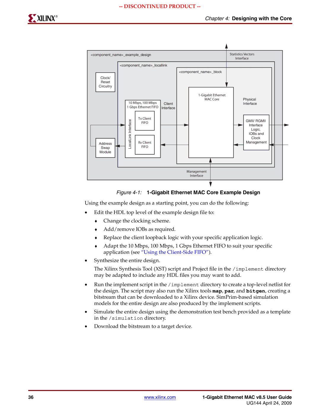 Xilinx UG144 manual Designing with the Core, Gigabit Ethernet MAC Core Example Design 