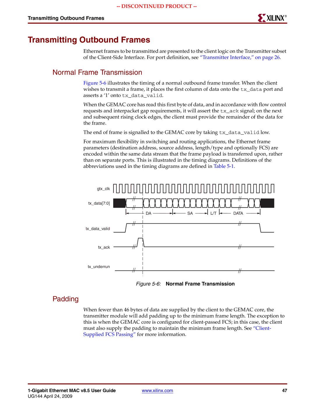 Xilinx UG144 manual Transmitting Outbound Frames, Normal Frame Transmission, Padding 