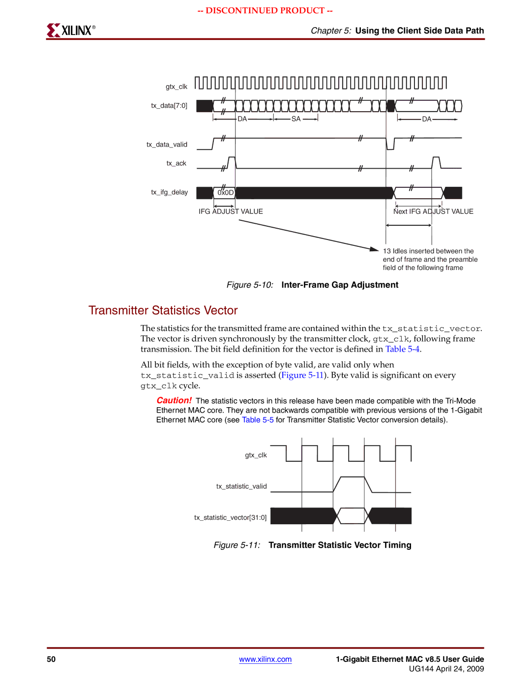 Xilinx UG144 manual Transmitter Statistics Vector, 10Inter-Frame Gap Adjustment 