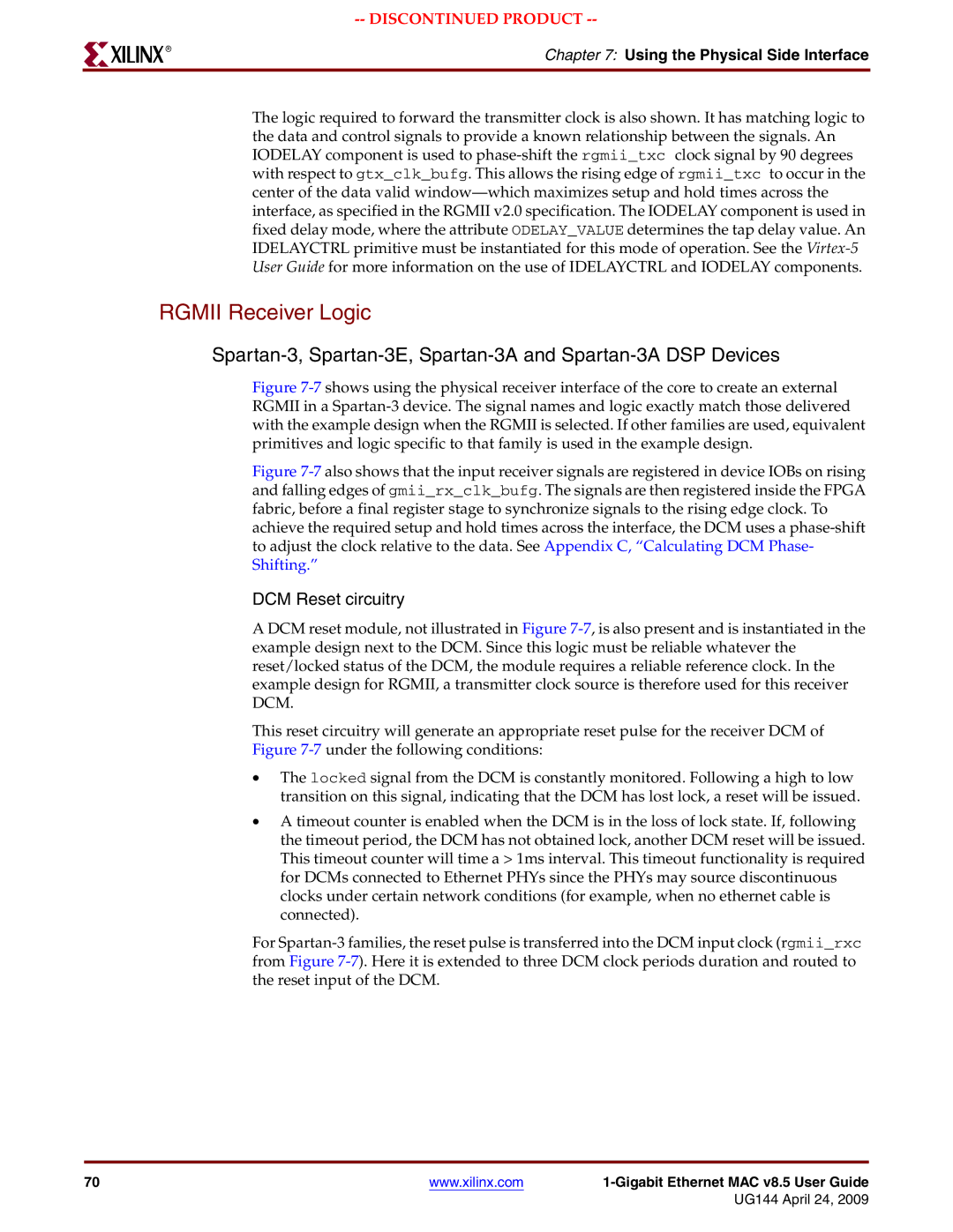 Xilinx UG144 manual Rgmii Receiver Logic, Spartan-3, Spartan-3E, Spartan-3A and Spartan-3A DSP Devices 