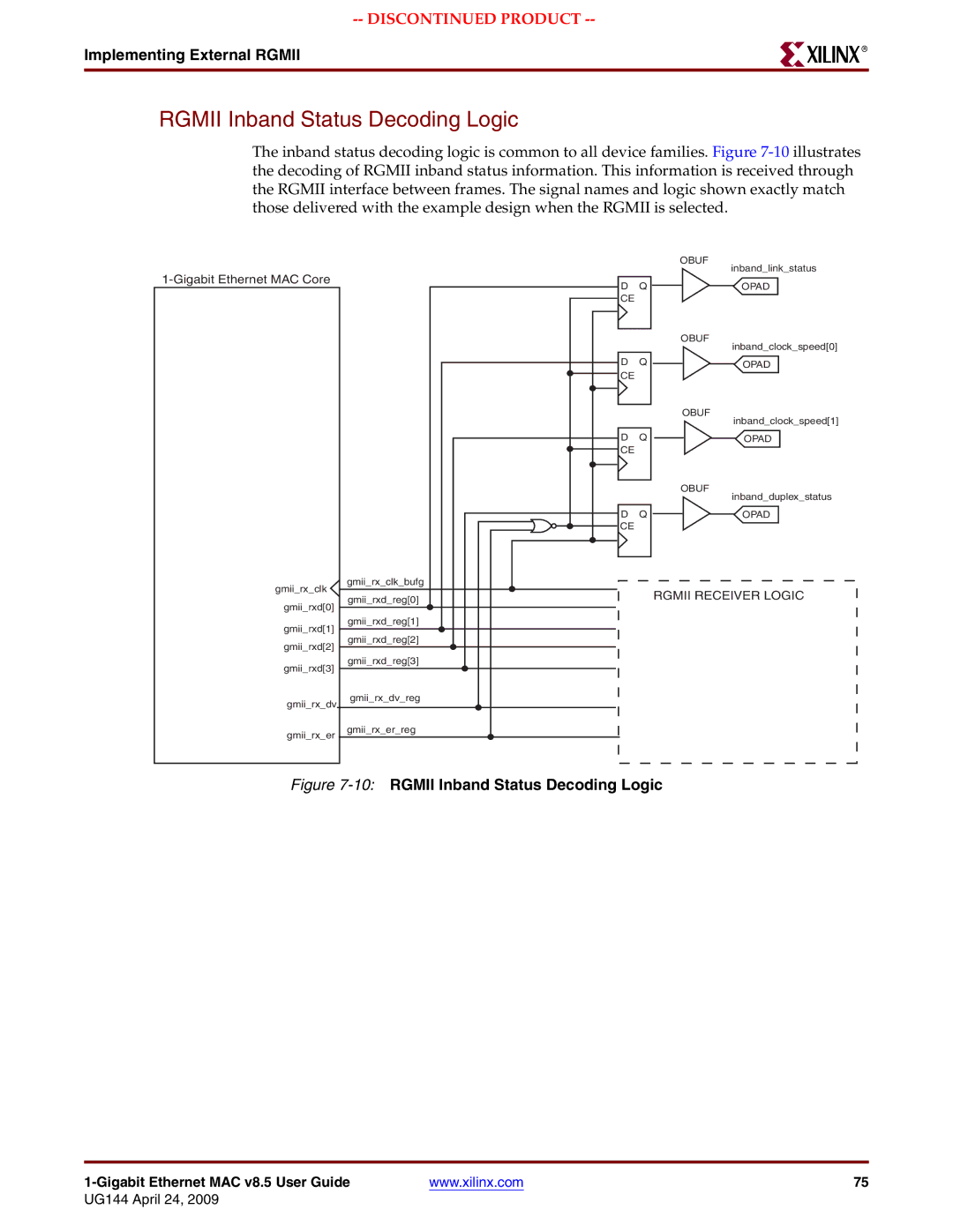 Xilinx UG144 manual Rgmii Inband Status Decoding Logic, 10RGMII Inband Status Decoding Logic 