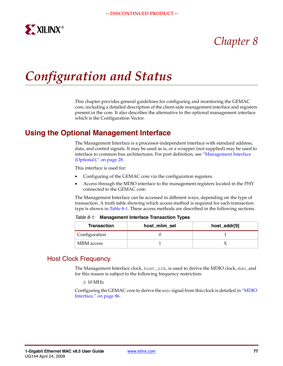 Xilinx UG144 manual Configuration and Status, Using the Optional Management Interface, Host Clock Frequency 