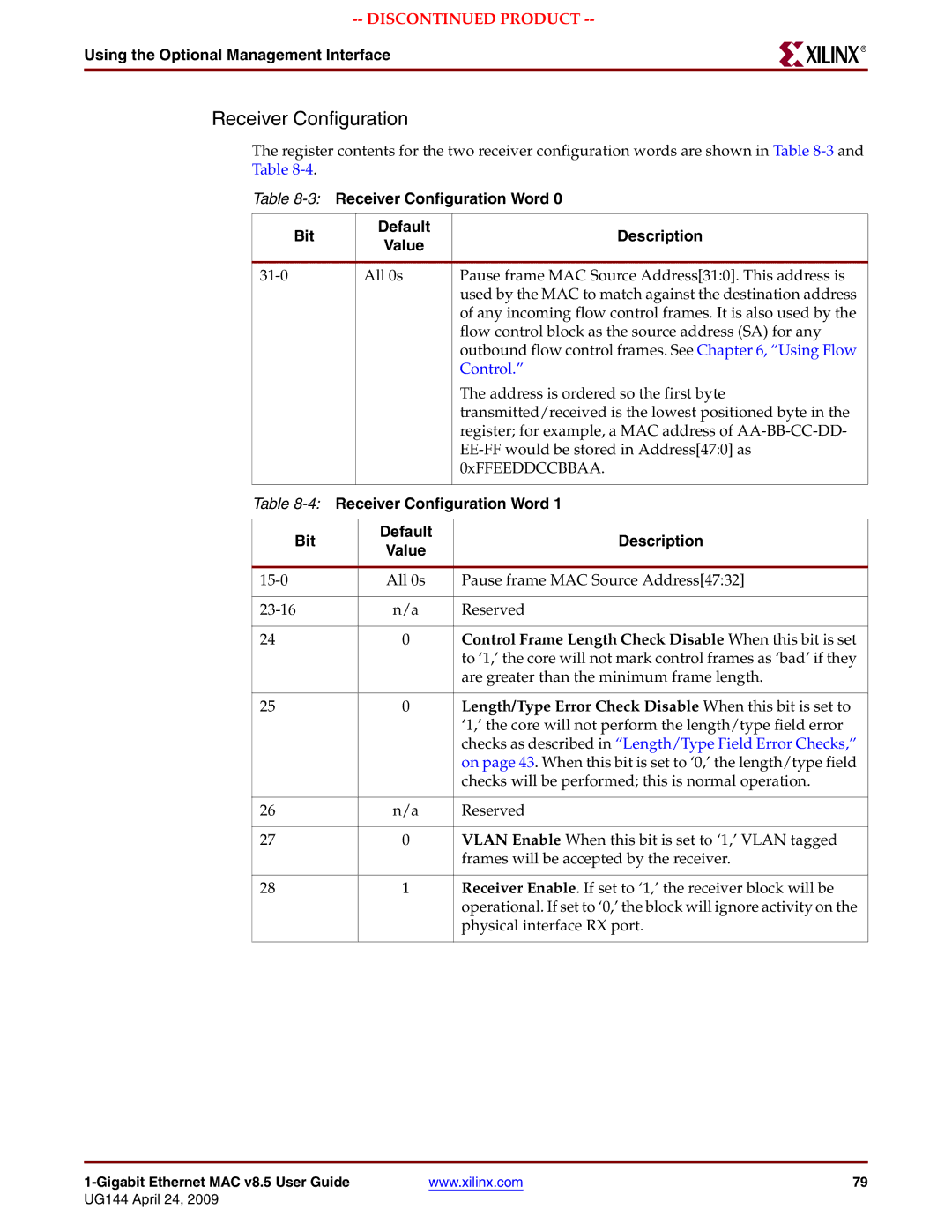 Xilinx UG144 manual Using the Optional Management Interface, Receiver Configuration Word, Bit Default Description 