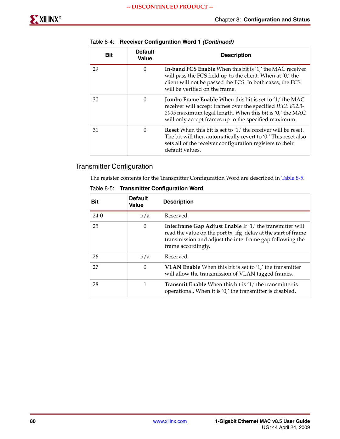 Xilinx UG144 manual Transmitter Configuration, Interframe Gap Adjust Enable If ‘1,’ the transmitter will 