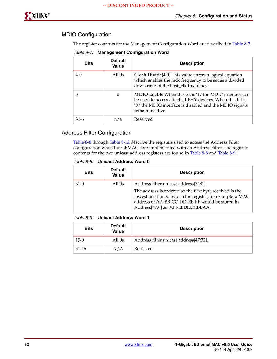 Xilinx UG144 manual Mdio Configuration, Address Filter Configuration 