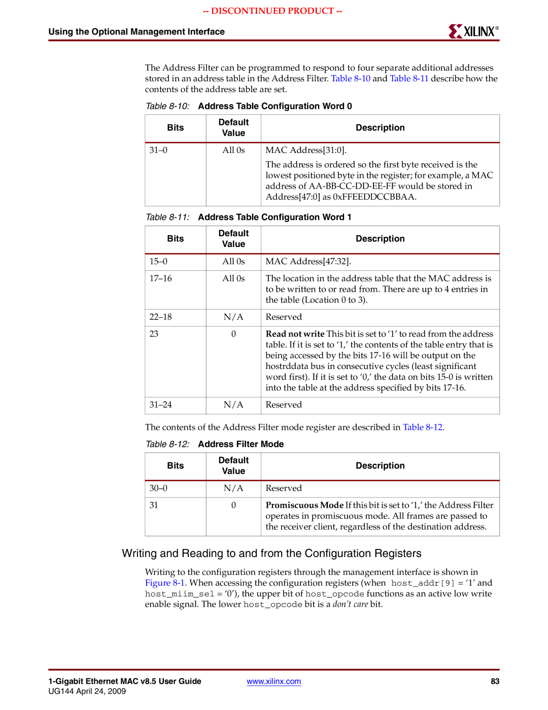 Xilinx UG144 manual Writing and Reading to and from the Configuration Registers, Address Table Configuration Word 