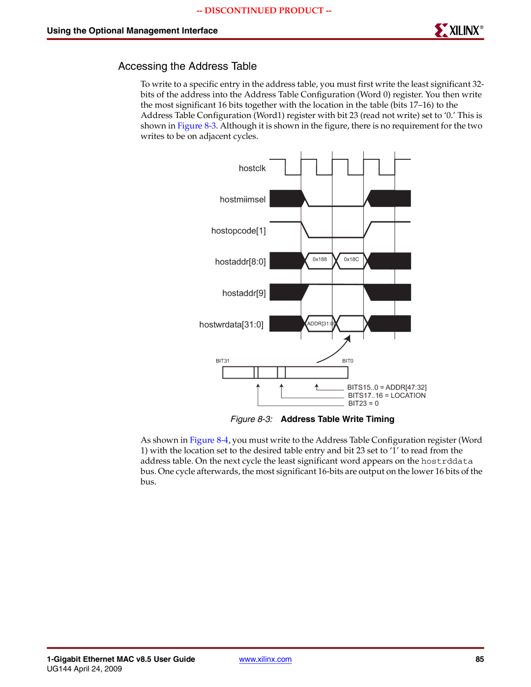 Xilinx UG144 manual Accessing the Address Table, 3Address Table Write Timing 