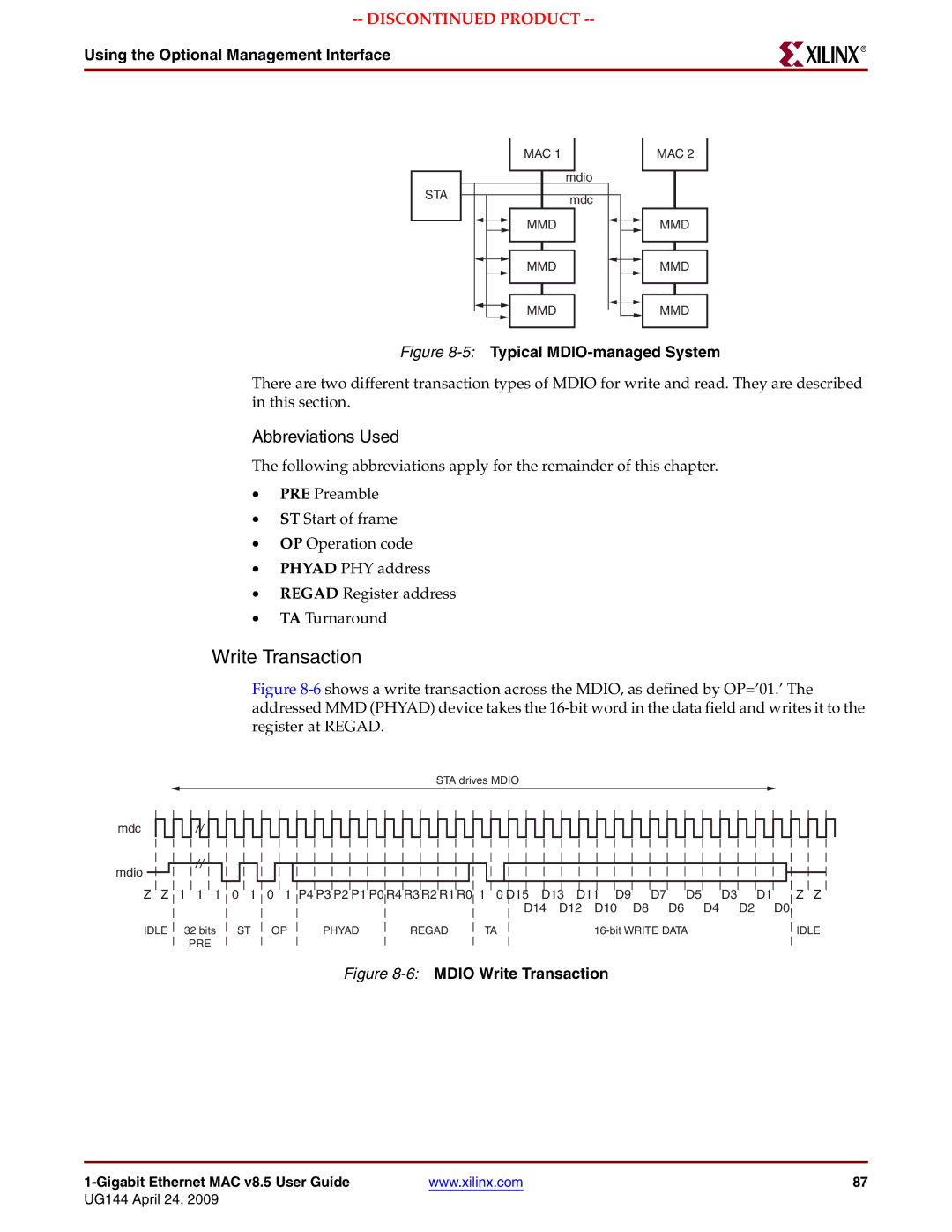 Xilinx UG144 manual Write Transaction, 5Typical MDIO-managed System 