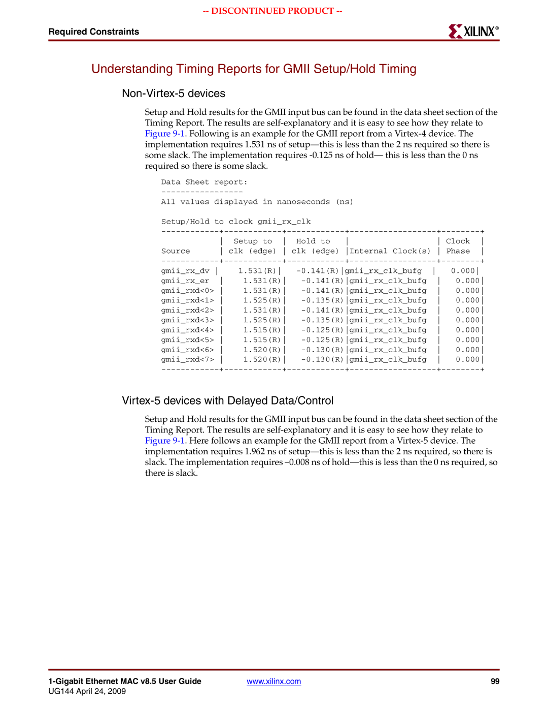 Xilinx UG144 manual Understanding Timing Reports for Gmii Setup/Hold Timing, Non-Virtex-5 devices 