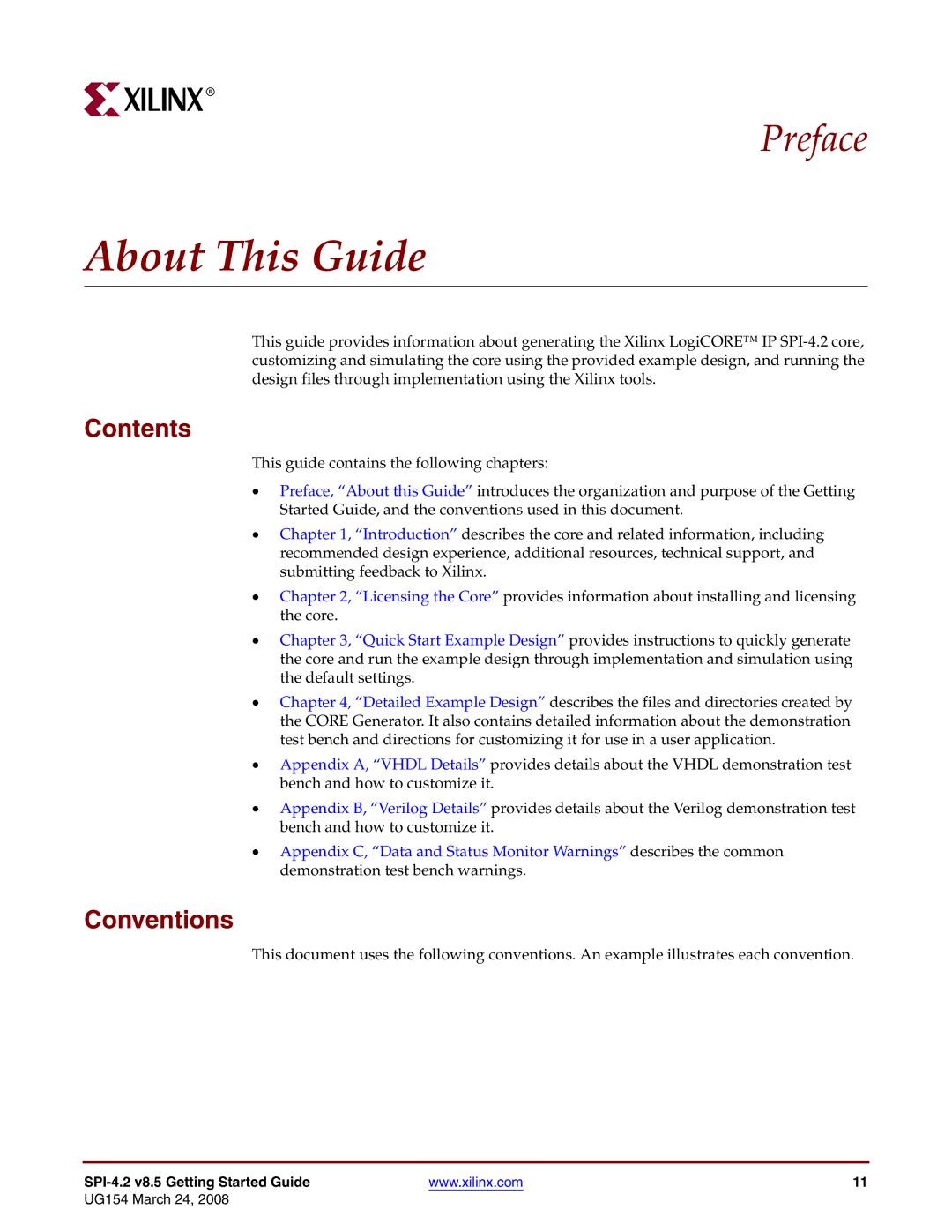 Xilinx UG154 manual About This Guide, Contents, Conventions 