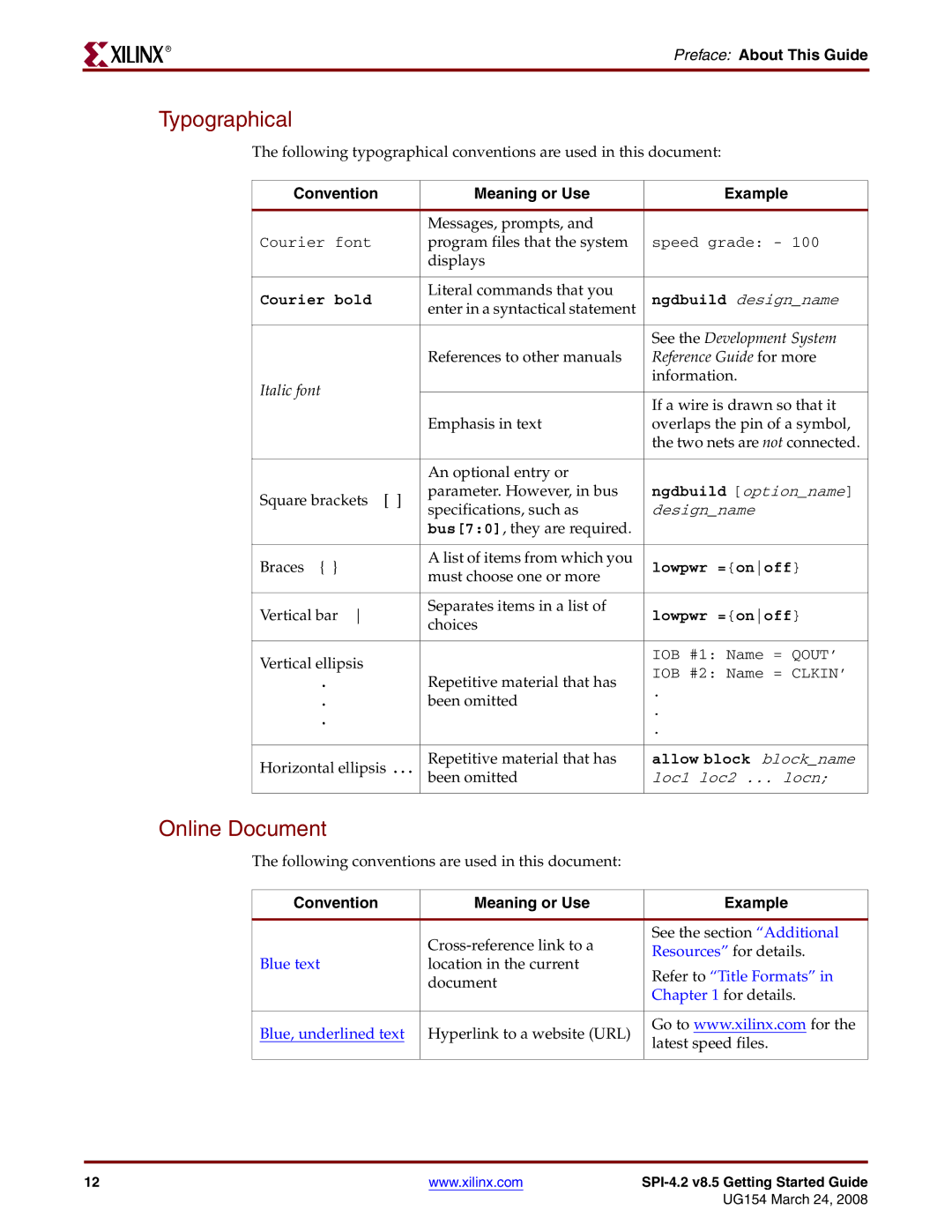 Xilinx UG154 manual Typographical, Online Document, Preface About This Guide, Convention Meaning or Use Example 