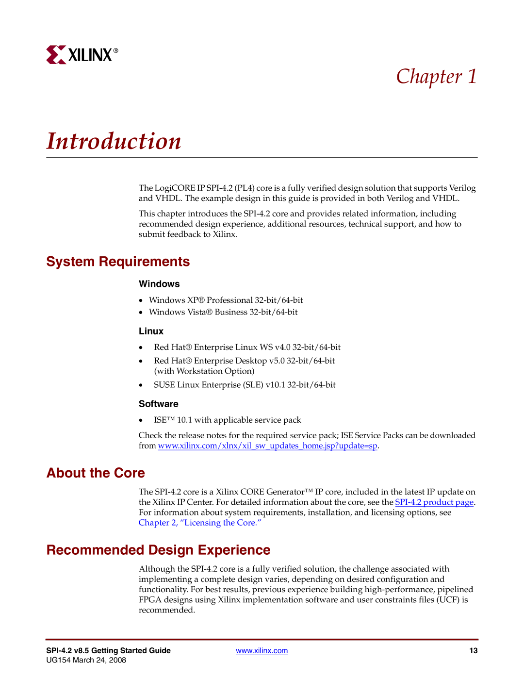 Xilinx UG154 manual Introduction, System Requirements, About the Core, Recommended Design Experience 