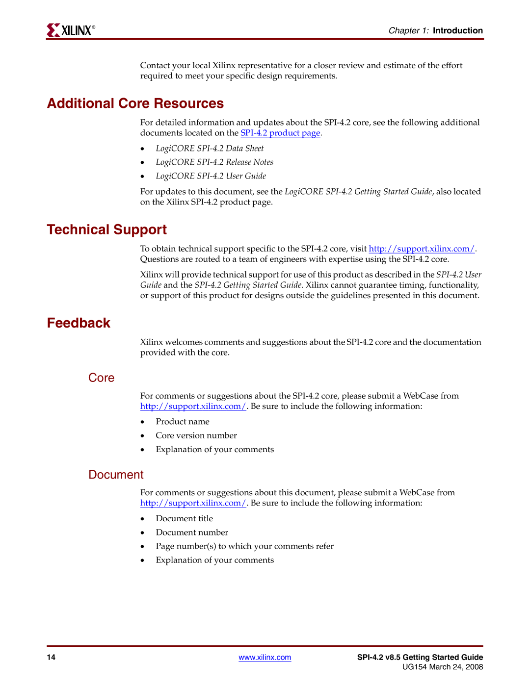 Xilinx UG154 manual Additional Core Resources, Technical Support, Feedback, Document 