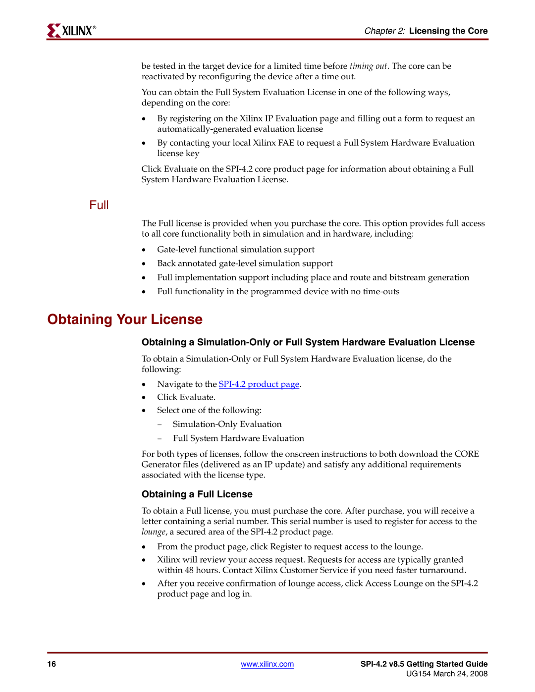 Xilinx UG154 manual Obtaining Your License, Full, Licensing the Core 