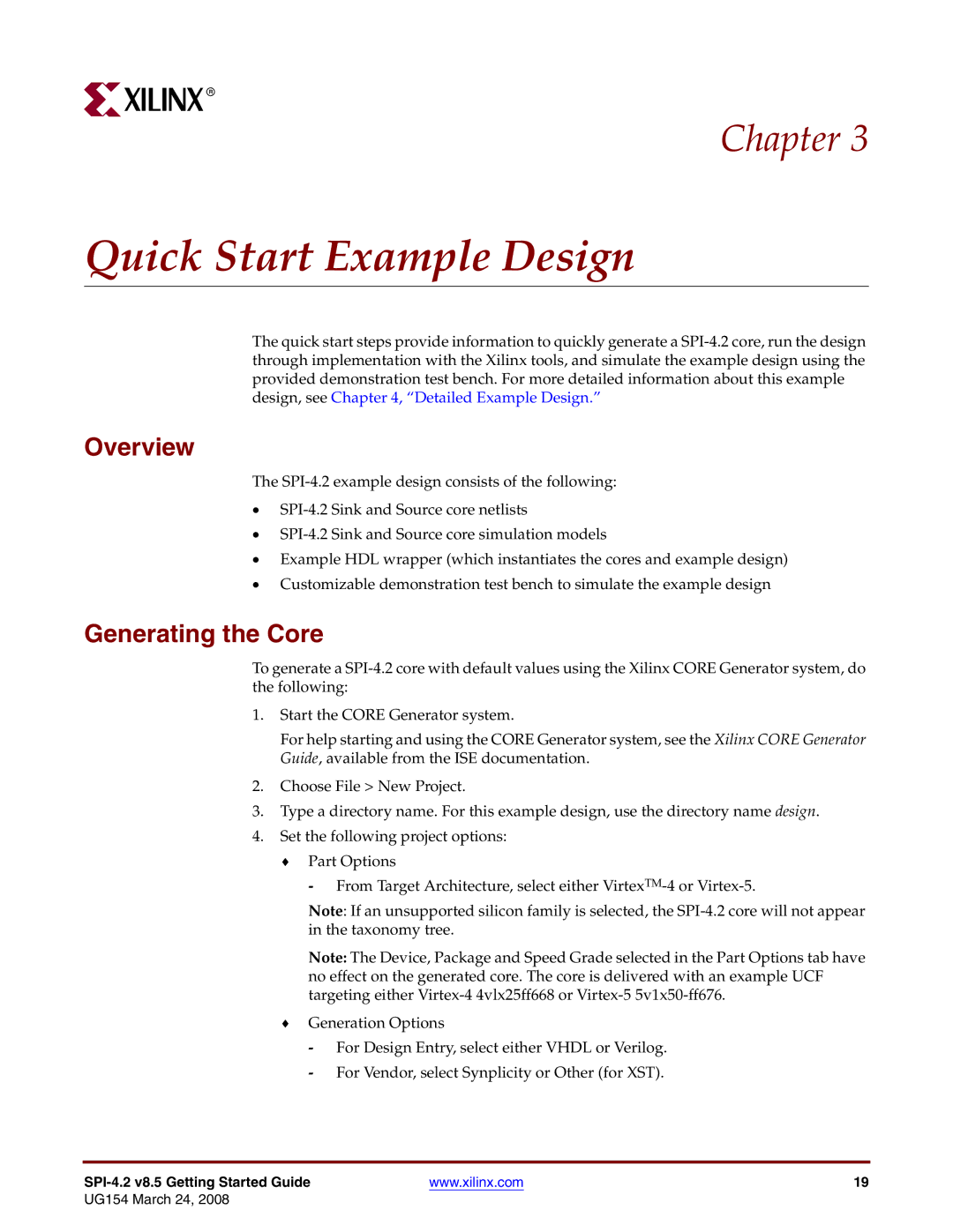 Xilinx UG154 manual Quick Start Example Design, Overview, Generating the Core 