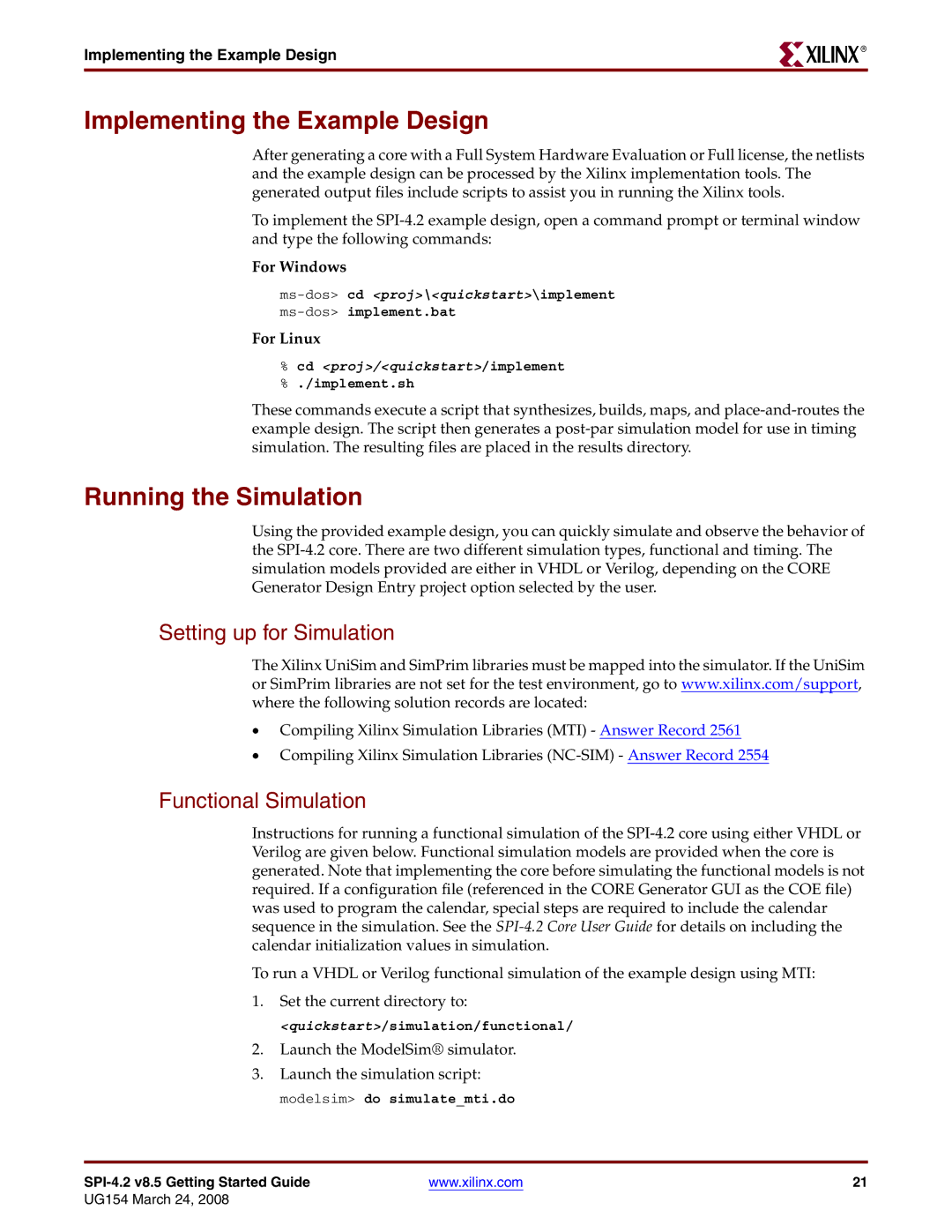 Xilinx UG154 Implementing the Example Design, Running the Simulation, Setting up for Simulation, Functional Simulation 