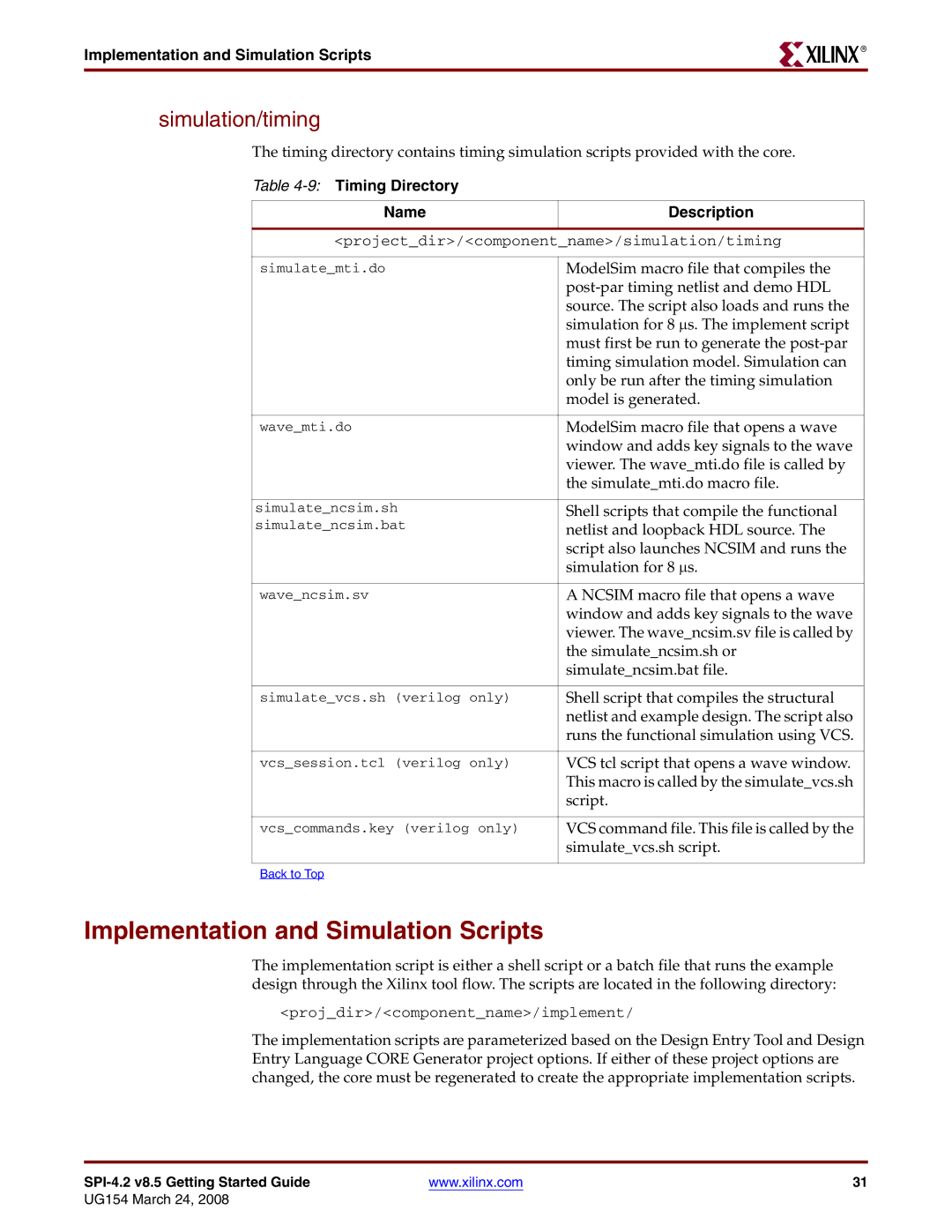 Xilinx UG154 manual Implementation and Simulation Scripts, Simulation/timing, 9Timing Directory Name Description 