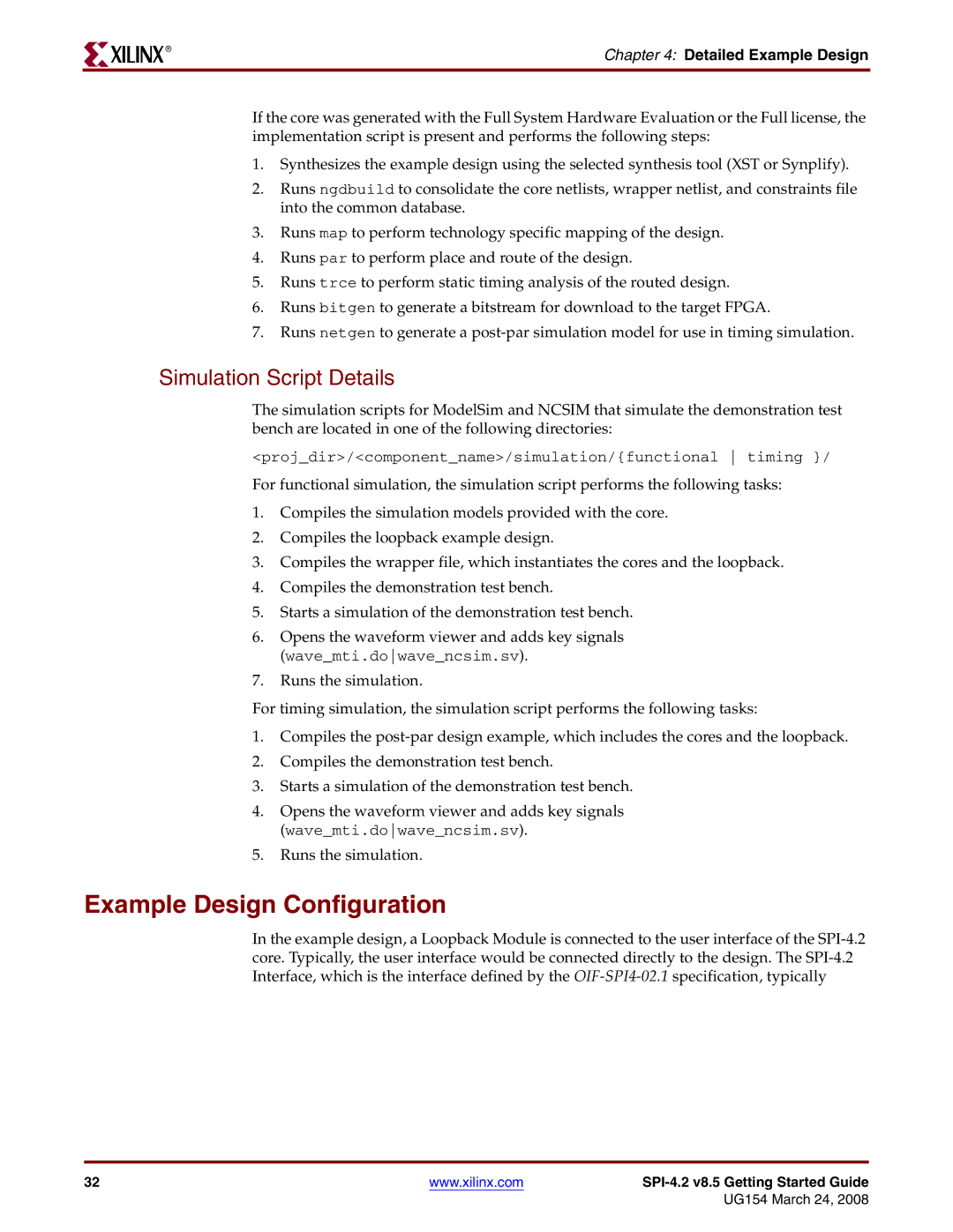 Xilinx UG154 manual Example Design Configuration, Simulation Script Details 