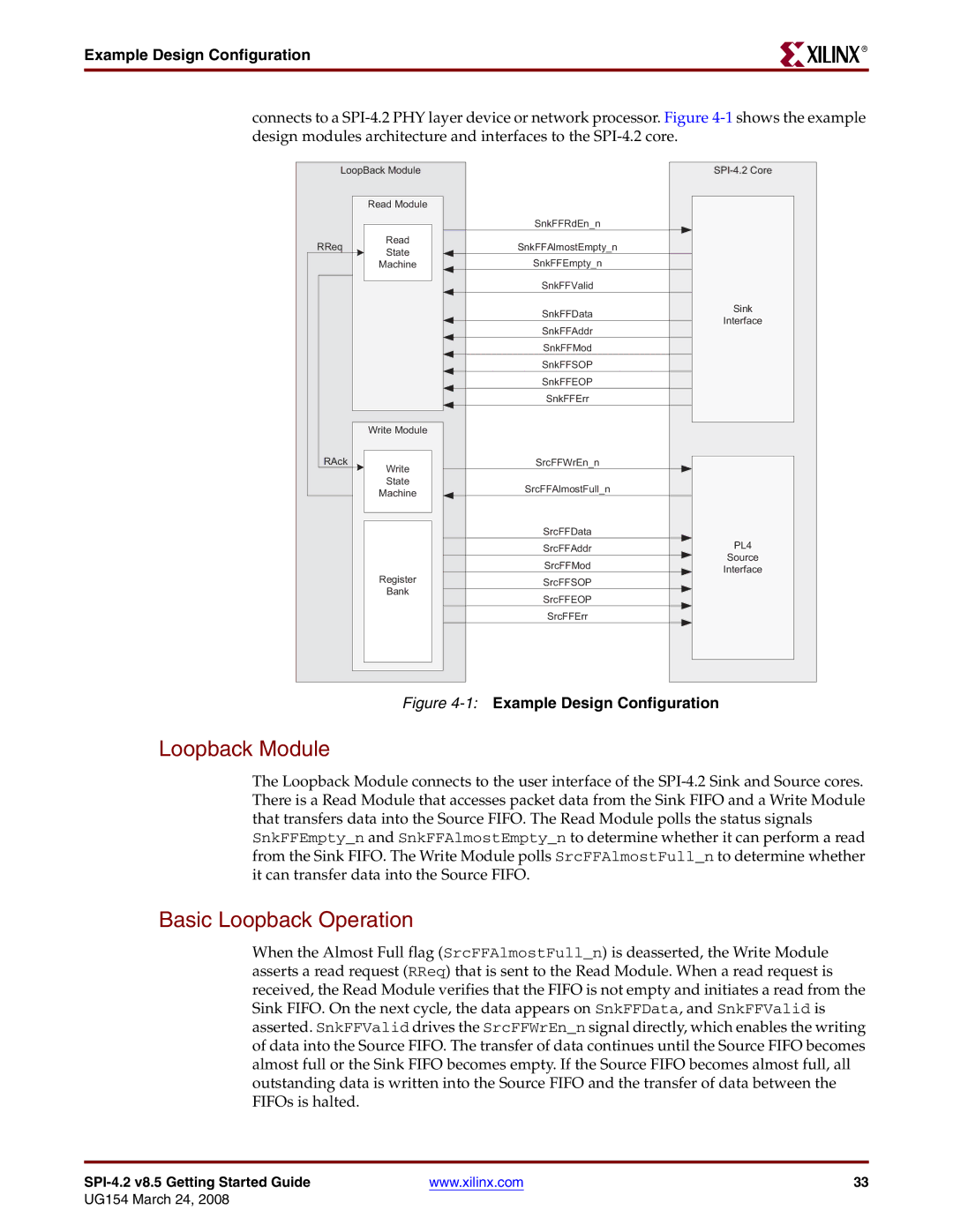 Xilinx UG154 manual Loopback Module, Basic Loopback Operation, Example Design Configuration 