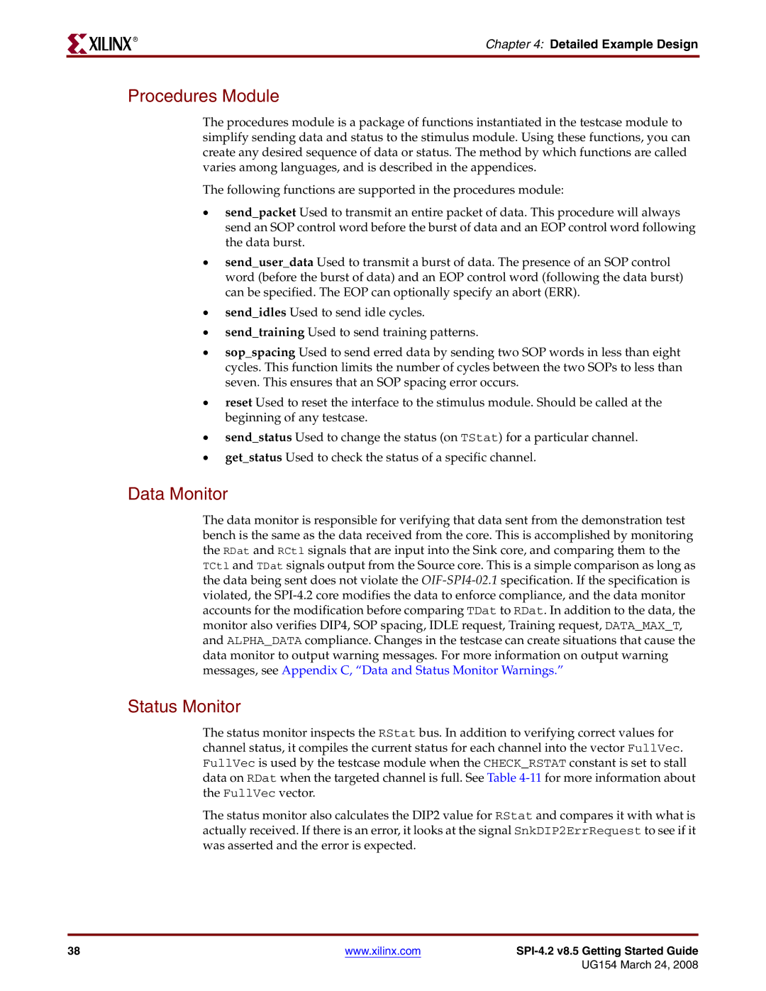 Xilinx UG154 manual Procedures Module, Data Monitor, Status Monitor 