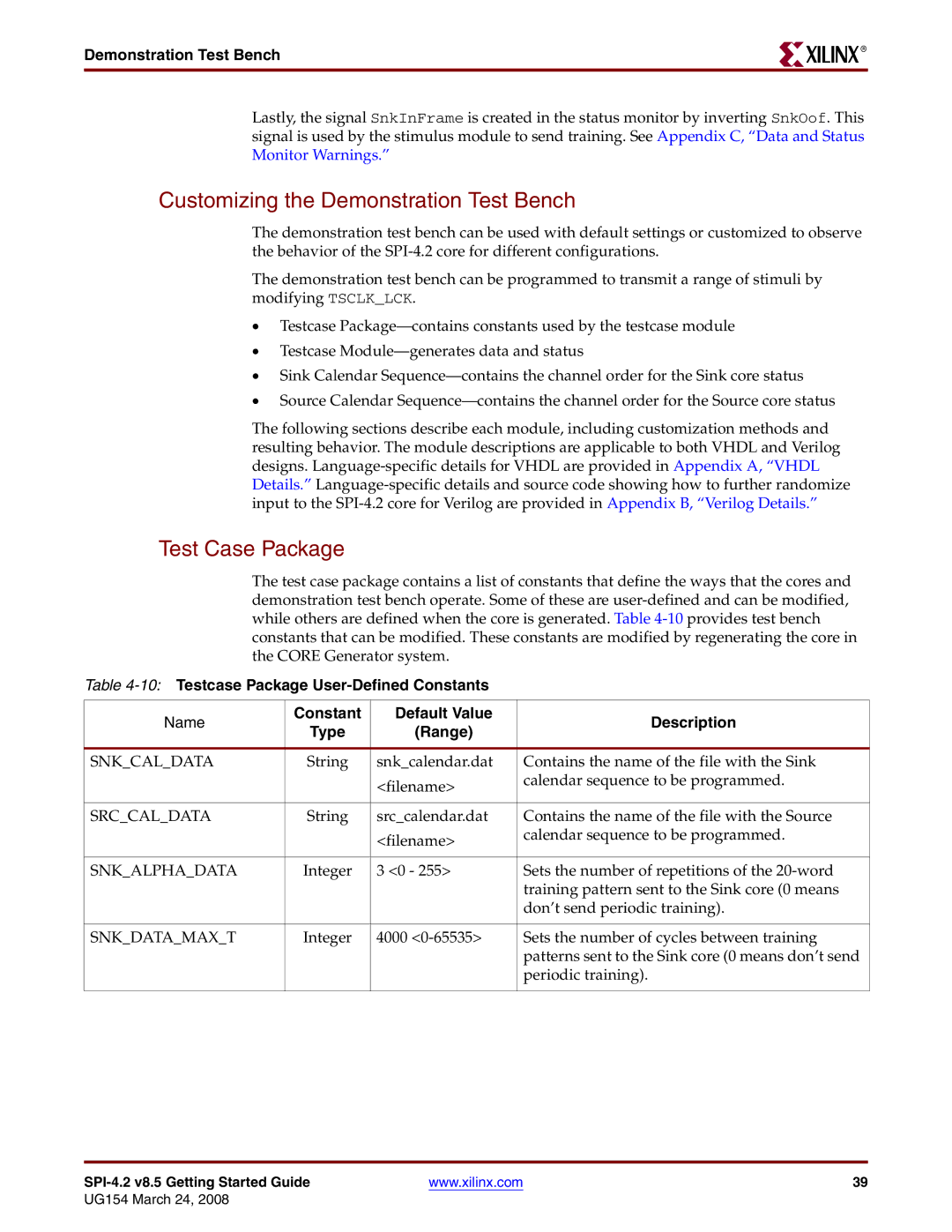 Xilinx UG154 Customizing the Demonstration Test Bench, Test Case Package, 10Testcase Package User-Defined Constants, Range 