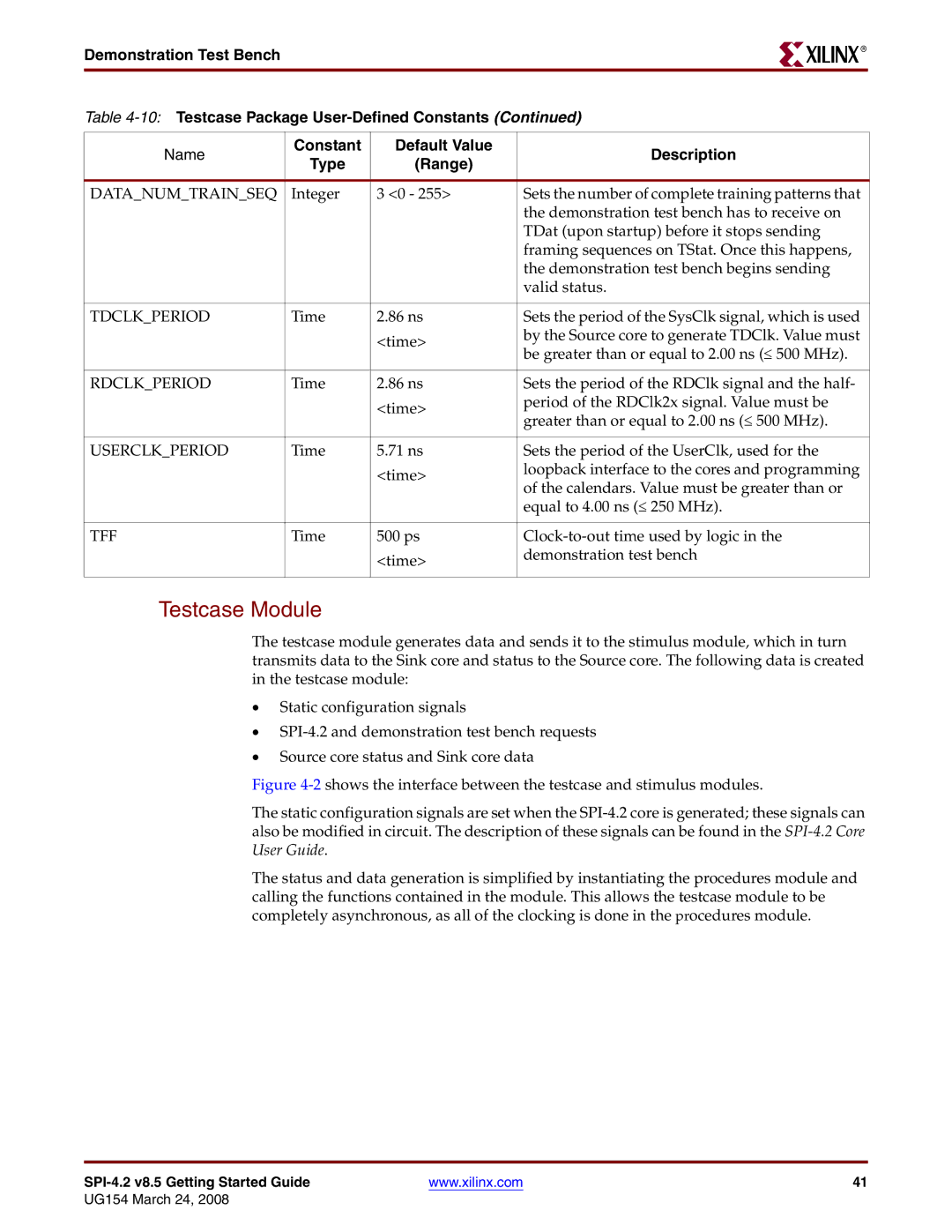 Xilinx UG154 manual Testcase Module, Constant Default Value Description Type Range 