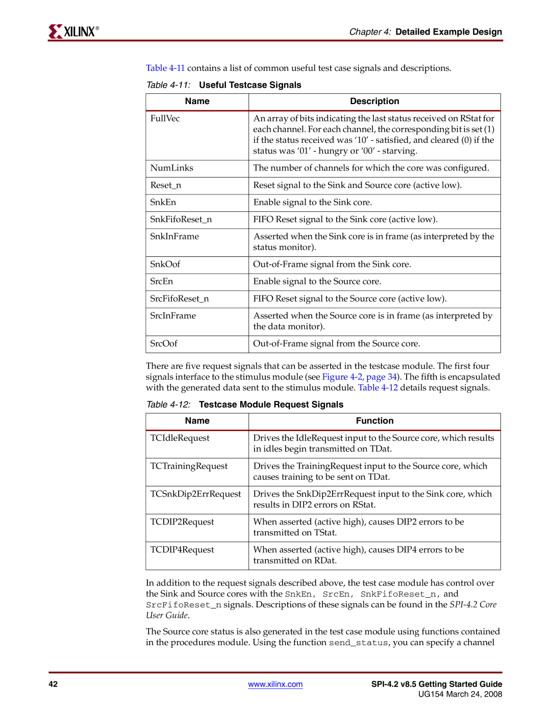 Xilinx UG154 manual 11Useful Testcase Signals Name Description, 12Testcase Module Request Signals Name Function 