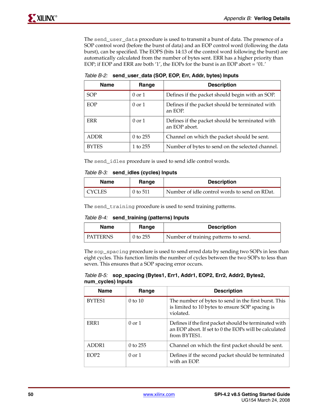 Xilinx UG154 manual Appendix B Verilog Details, Table B-3sendidles cycles Inputs Name Range Description 