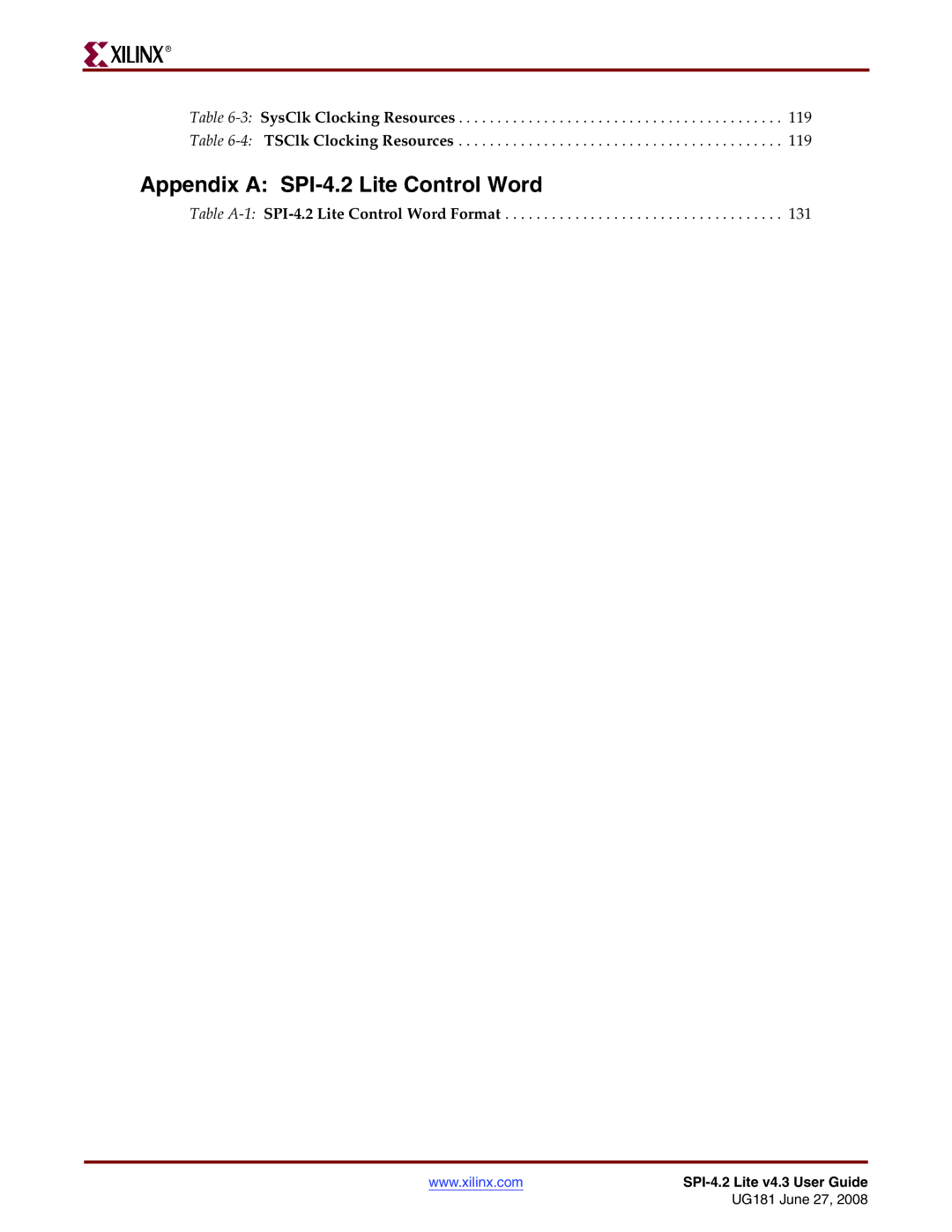 Xilinx UG181 manual Appendix a SPI-4.2 Lite Control Word 