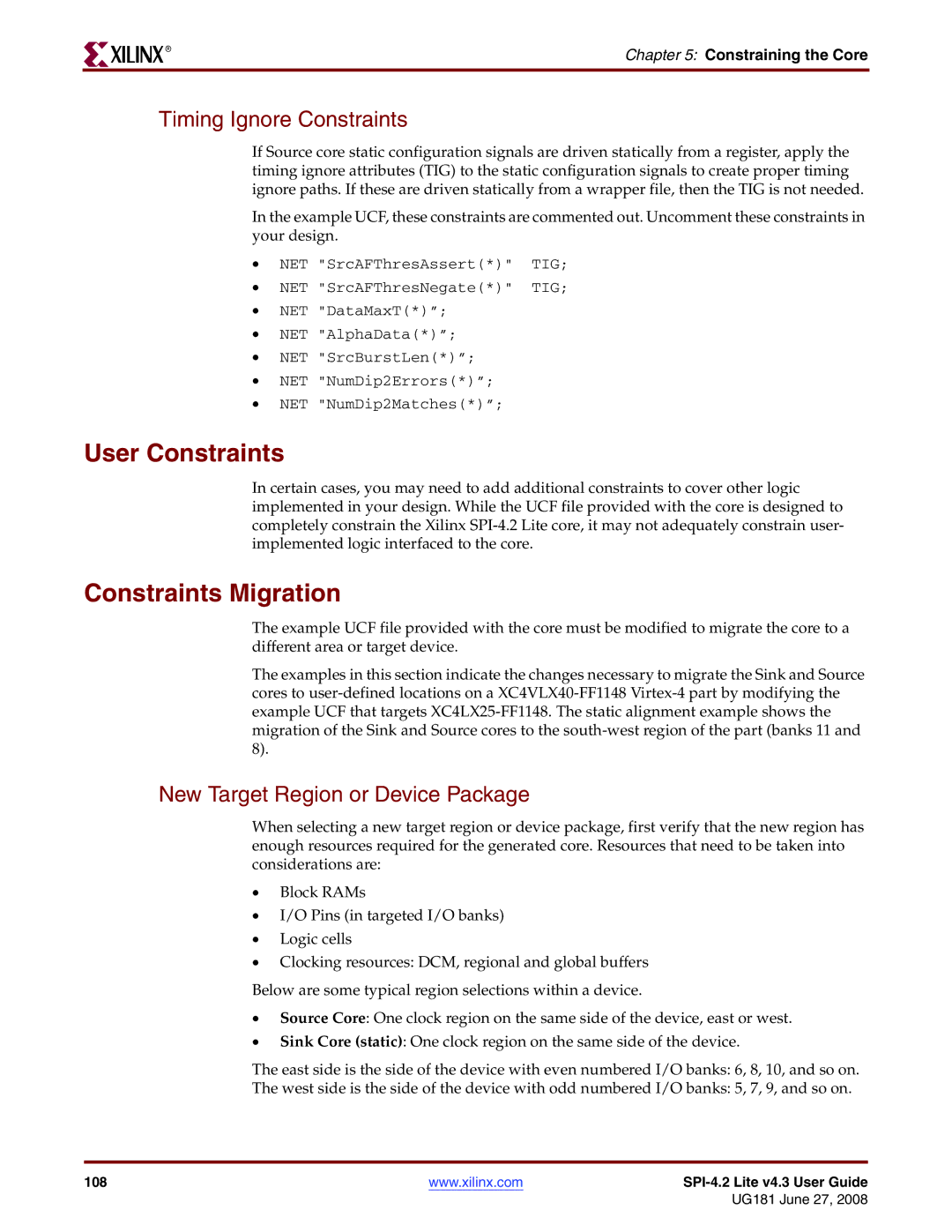 Xilinx UG181 manual User Constraints, Constraints Migration, New Target Region or Device Package 