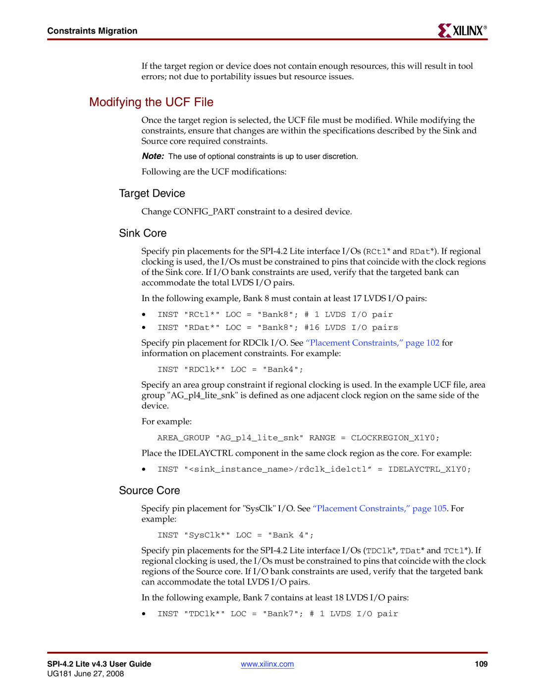 Xilinx UG181 manual Modifying the UCF File, Target Device, Sink Core, Source Core, Constraints Migration 