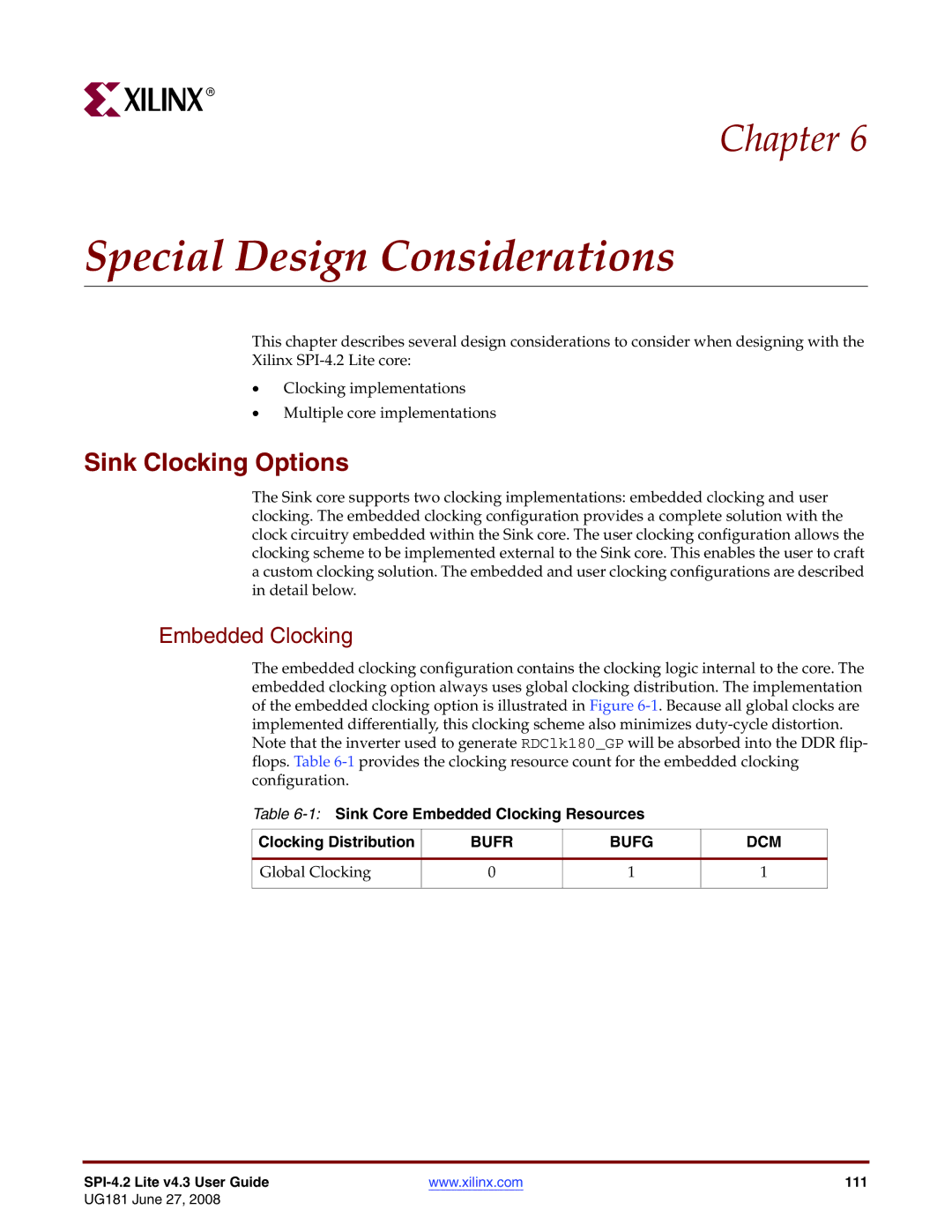 Xilinx UG181 manual Special Design Considerations, Sink Clocking Options, Embedded Clocking 