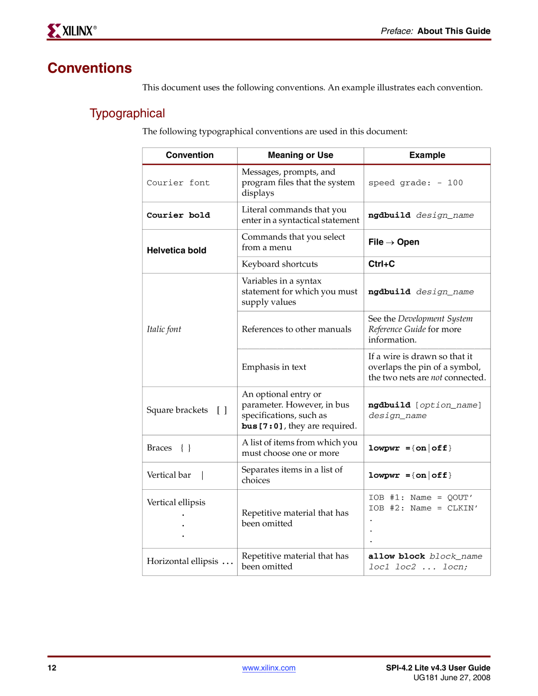 Xilinx UG181 manual Conventions, Typographical 