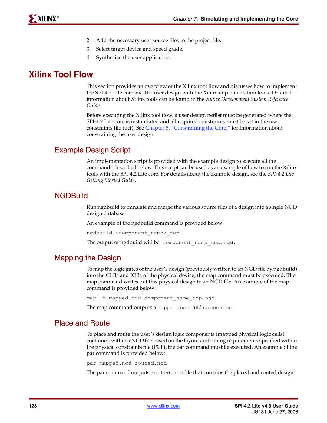 Xilinx UG181 manual Xilinx Tool Flow, Example Design Script, NGDBuild, Mapping the Design, Place and Route 