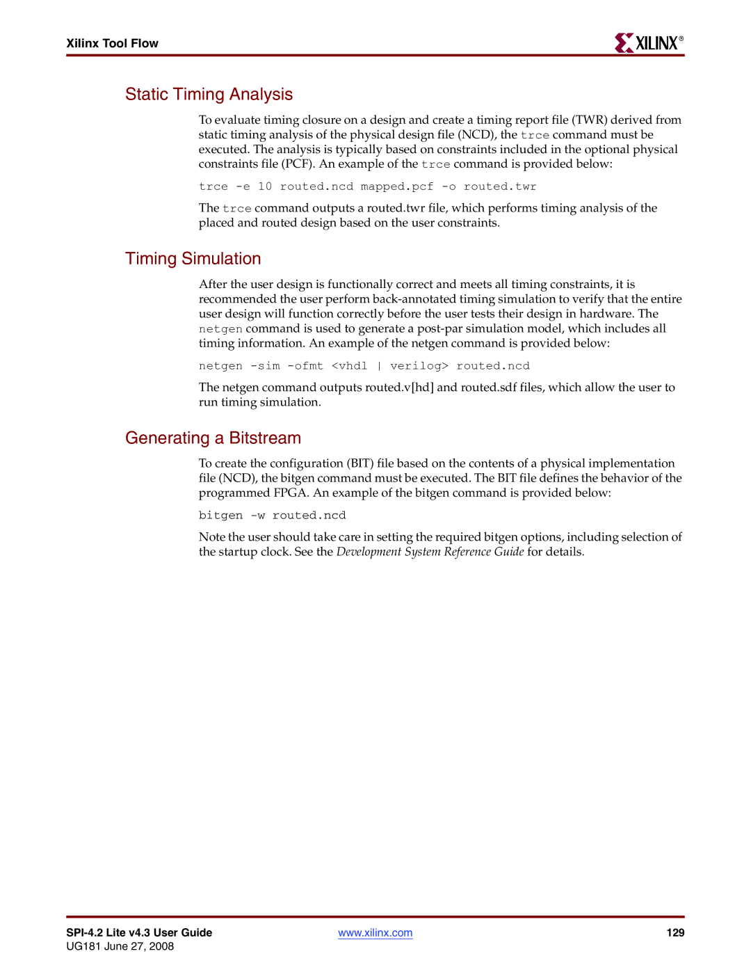 Xilinx UG181 manual Static Timing Analysis, Generating a Bitstream, Xilinx Tool Flow 