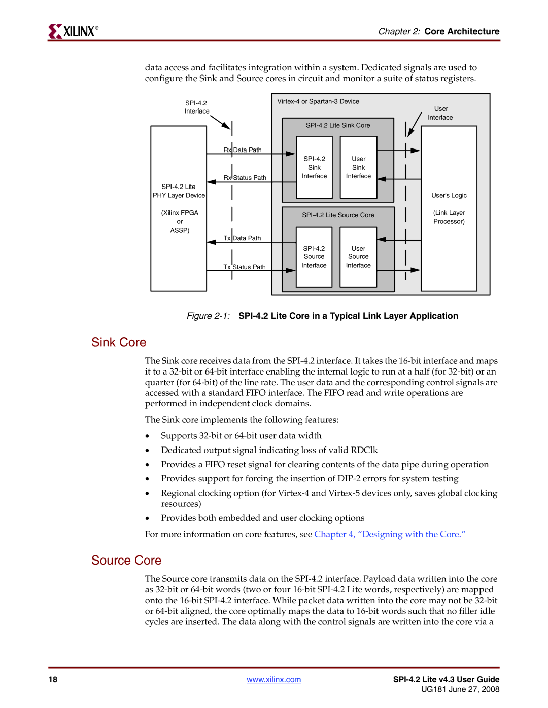 Xilinx UG181 manual Sink Core, Source Core, Core Architecture 