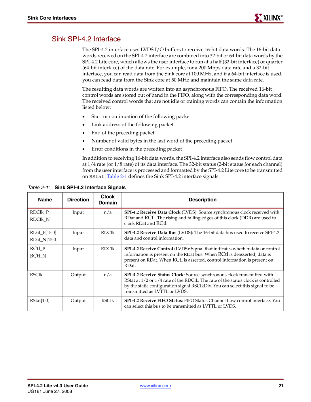 Xilinx UG181 manual Sink SPI-4.2 Interface, RCtlN 