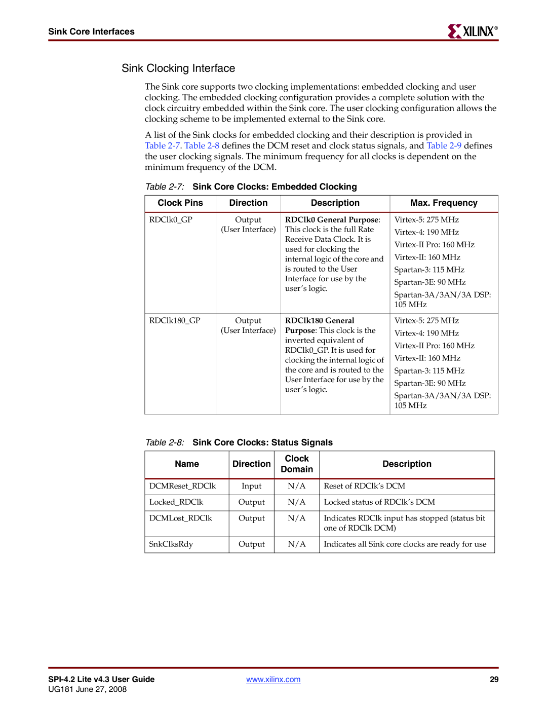 Xilinx UG181 manual Sink Clocking Interface, RDClk0 General Purpose 