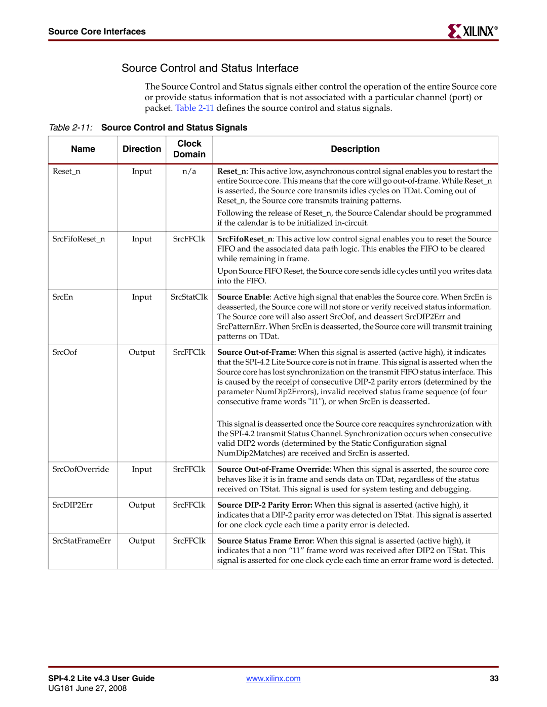 Xilinx UG181 manual Source Control and Status Interface 