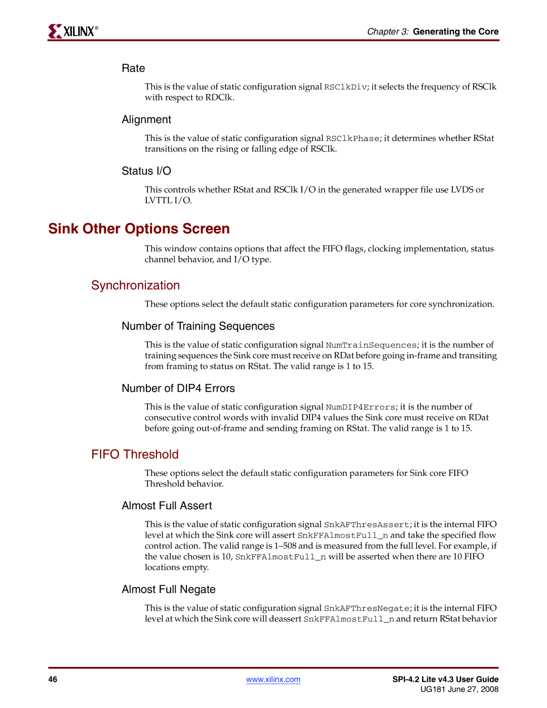 Xilinx UG181 manual Sink Other Options Screen, Synchronization, Fifo Threshold 