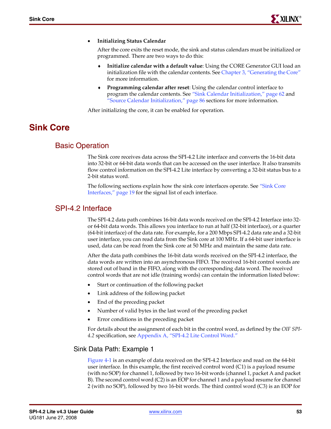 Xilinx UG181 manual Sink Core, Basic Operation, SPI-4.2 Interface, Sink Data Path Example 