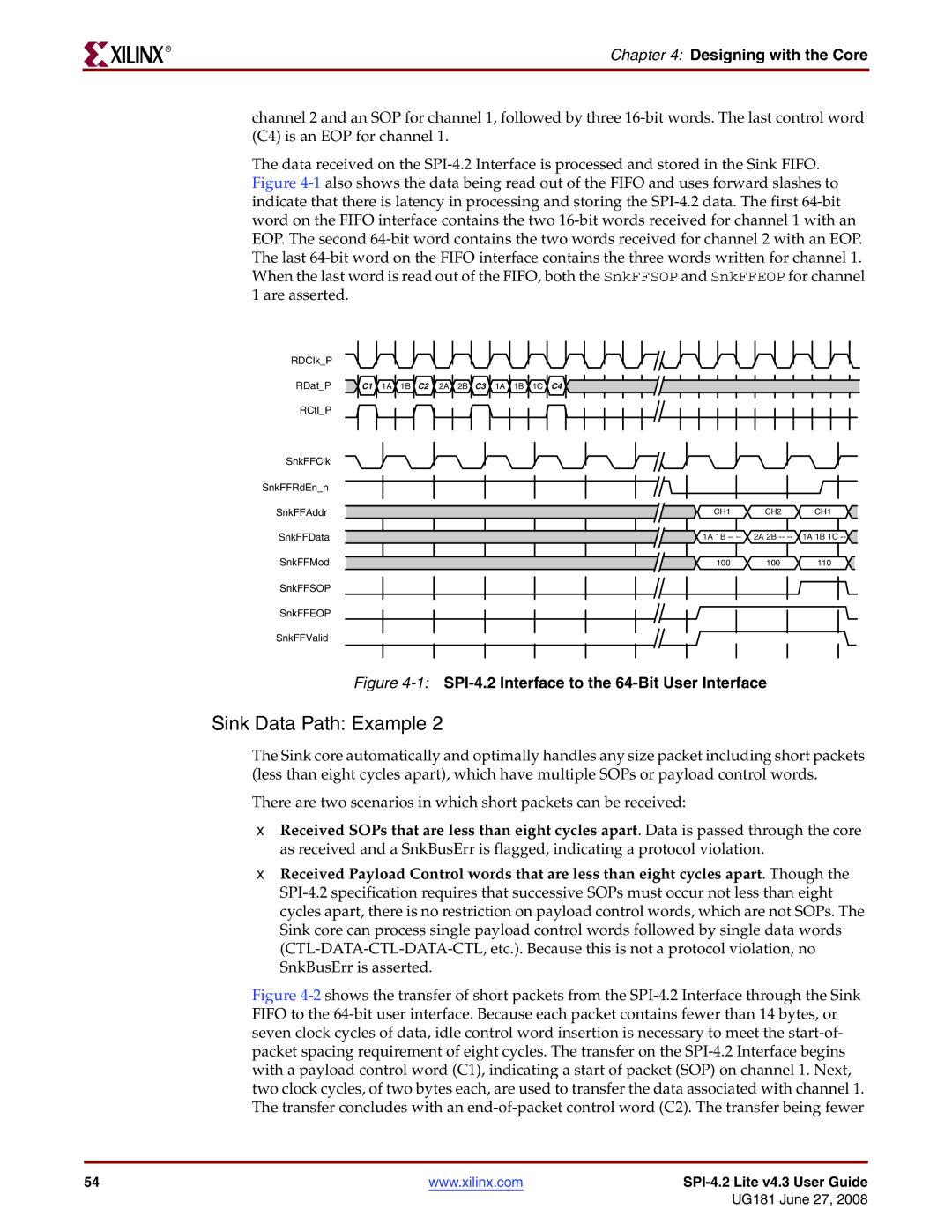 Xilinx UG181 manual 1SPI-4.2 Interface to the 64-Bit User Interface 